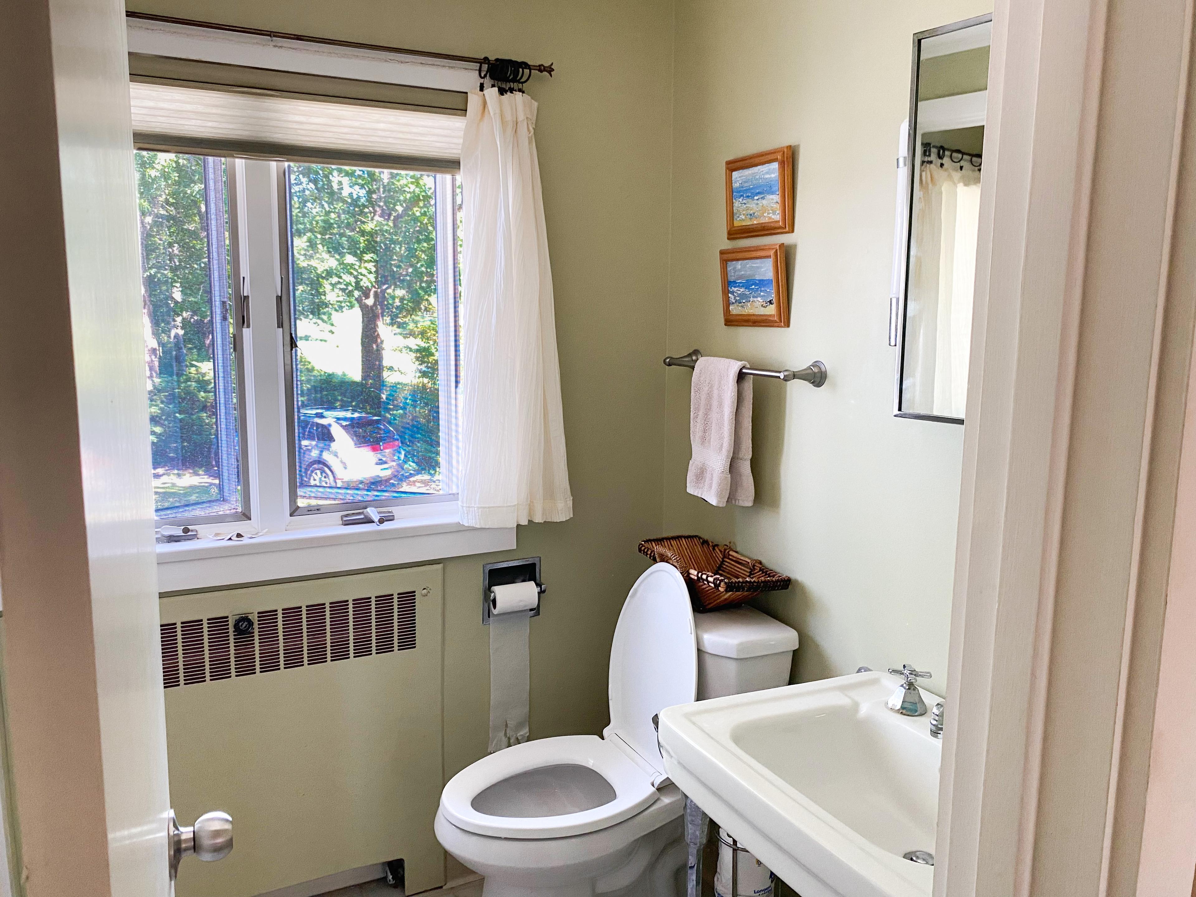 The upstairs bath: the pedestal sink and a window into the trees.