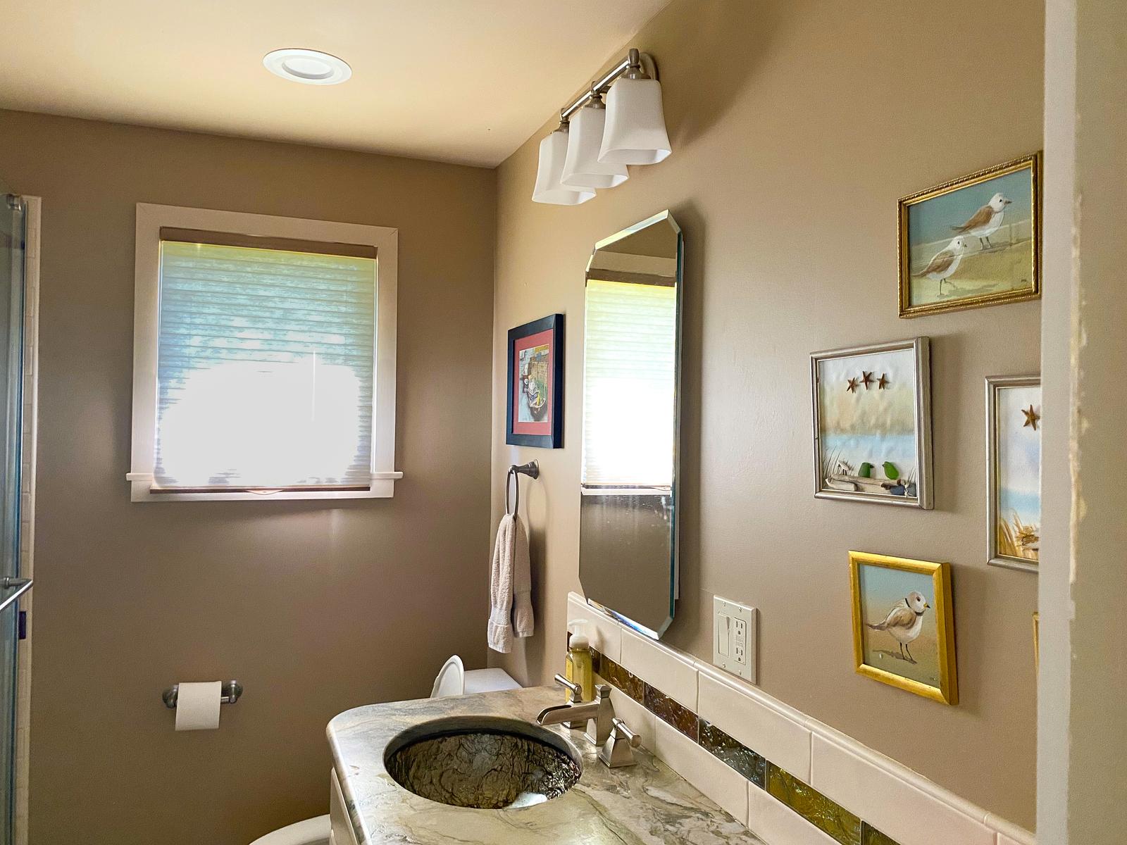 The newly renovated master bath: a burl-wood vessel sink on marble, watched over by the sandpipers.