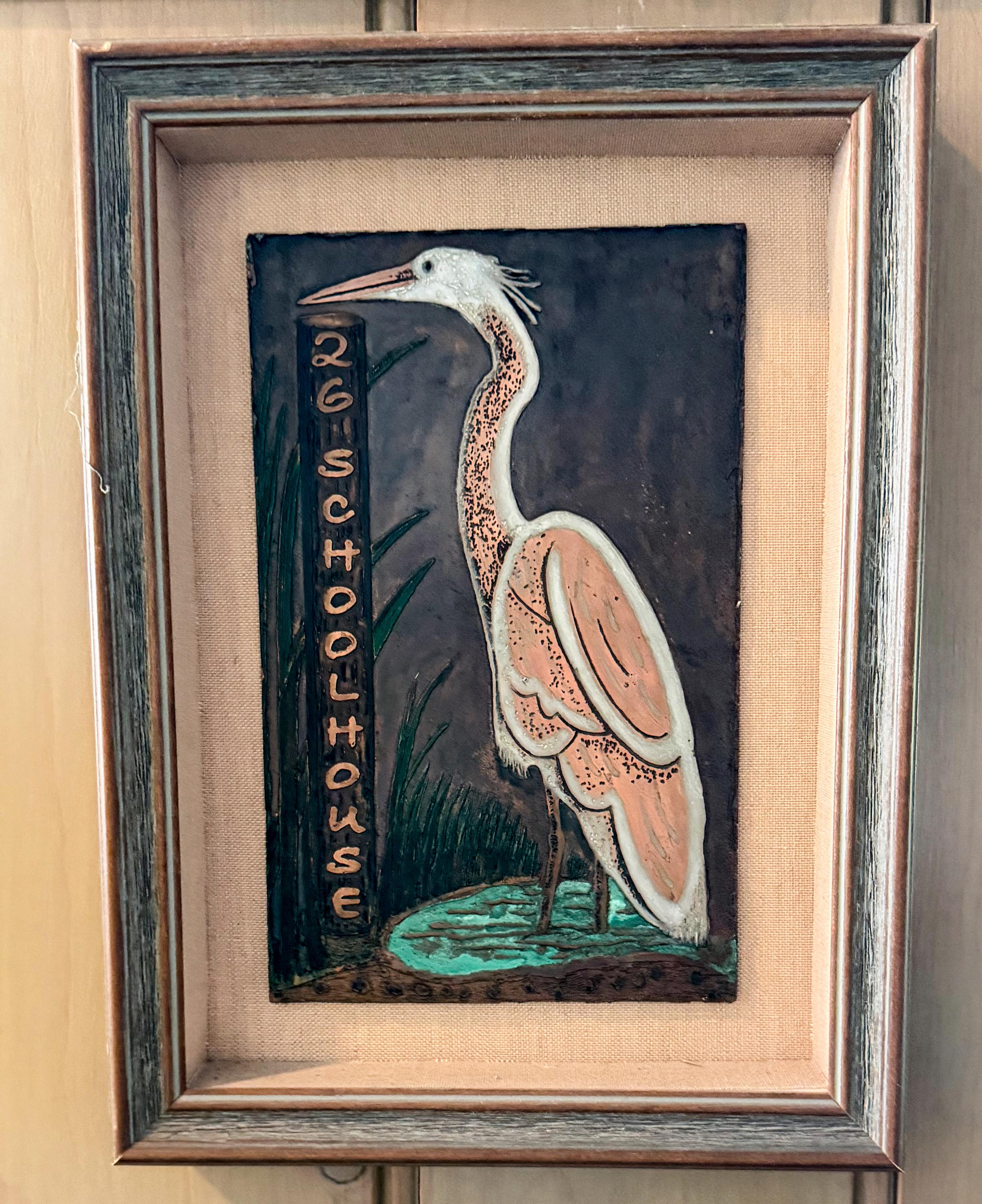 Finished egret etched in copper with chemical Patina
