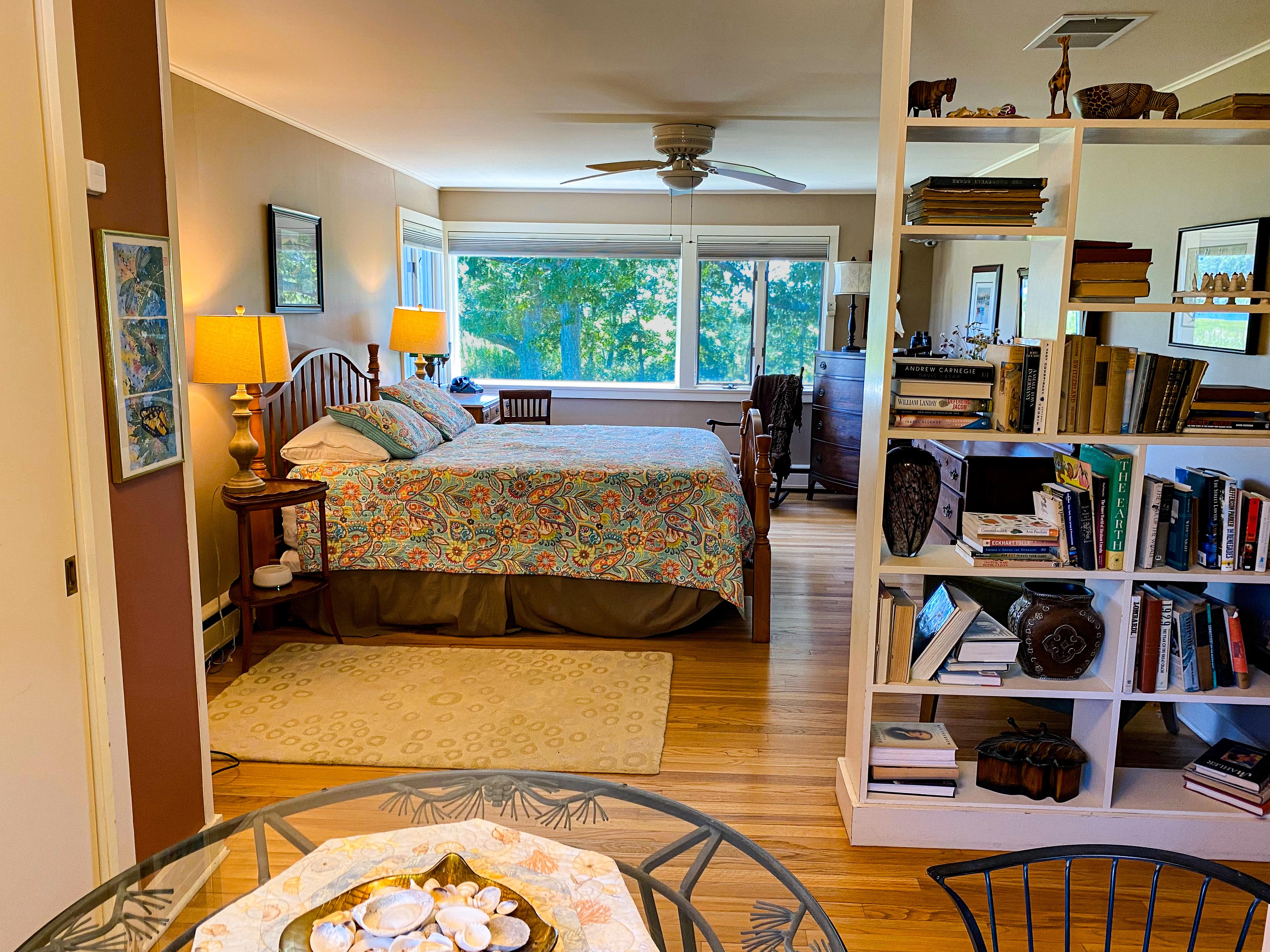 The crow's nest: the queen bed and corner windows at the top of the house.