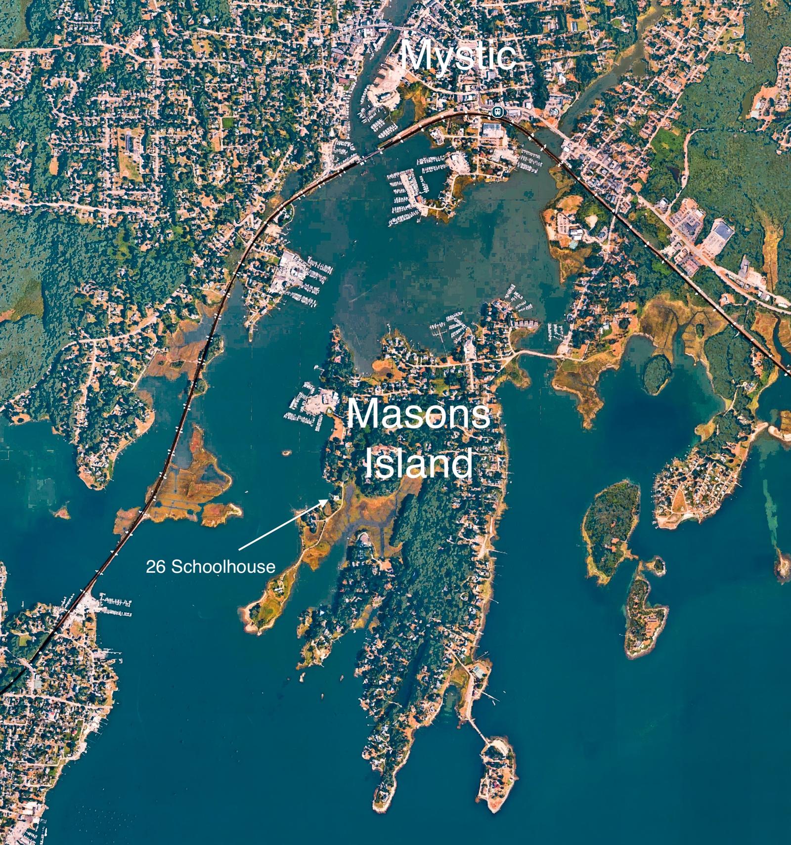 Mason's Island from above: Mystic at the top, and the arrow marks 26 Schoolhouse.